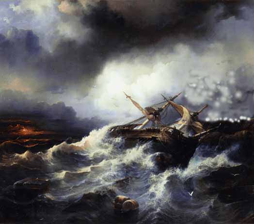 A wooden ship with broken masts struggles in a stormy sea, surrounded by crashing waves and dark clouds. Barrels and debris float in the turbulent water as lightning illuminates the sky, evoking a sense of adventure worthy of classic tales.