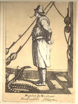 Sepia-toned illustration of a sailor standing on a ship deck, facing left. He wears a hat, coat, and boots, hands behind his back—evoking the spirit of adventure found in classic sci-fi books. Coiled ropes and rigging; caption reads Matelot de Brabant.