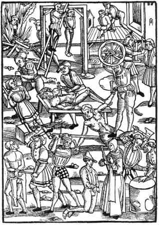 A medieval woodcut illustration showing scenes of torture and execution, including hanging and breaking on the wheel, evokes a brutal world that feels far removed from the thrilling adventures among starships found in classic sci-fi books.