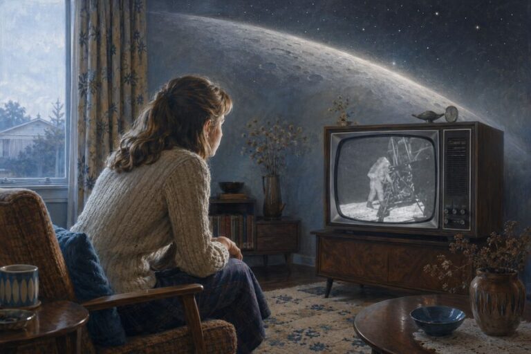 A young woman in a 1969 lounge room leans towards a black-and-white television showing an astronaut descending the lunar module ladder. Behind her, the room blends into the Moon’s curved surface and a star-filled sky.