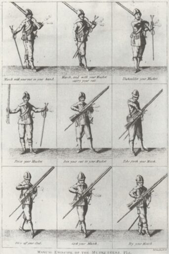 A black-and-white illustration showing nine panels of a musketeer in different poses, each demonstrating a step in handling a musket—a scene reminiscent of classic adventure found in old sci-fi books, with descriptive text under each panel.