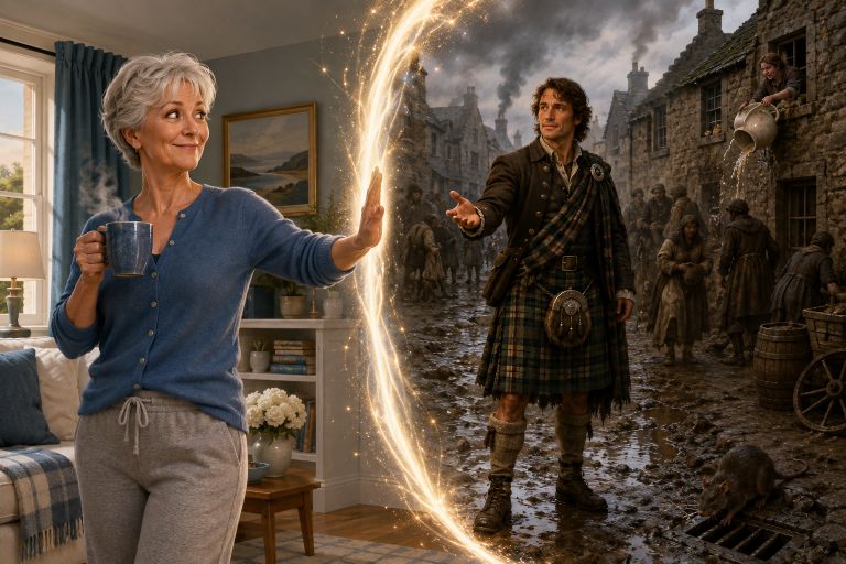 A modern woman with a mug refuses to enter a glowing portal, where a Highlander waits in a muddy street beside rats and falling waste water.