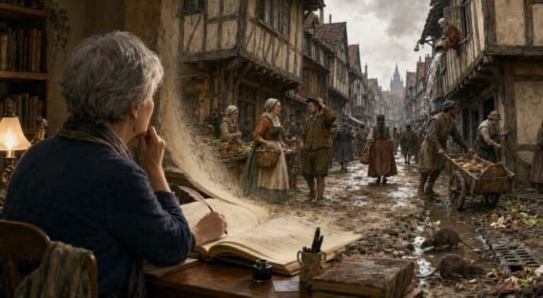 An author imagines a busy Elizabethan street where people ignore the mud, refuse, rats and water being emptied from an upper window.