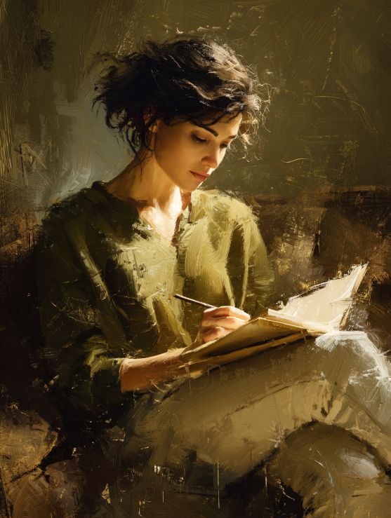 A young woman reading and making notes to review a book