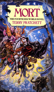 cover of Mort by Terry Pratchett showing Death riding Binky, his white horse