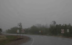 Coming into town. It's raining.