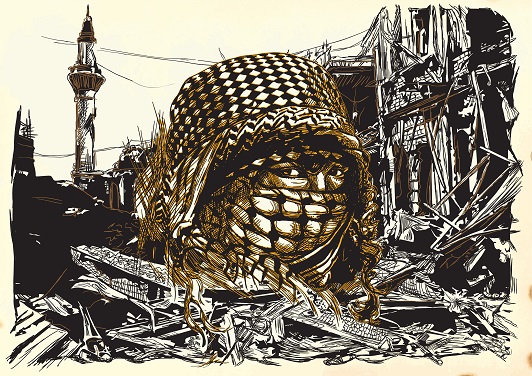 Muslim woman with big eyes, wearing a niqab in front of War place. Hand drawn vector illustration. Ruins of an town, city. Drawing on paper. Islamic, Muslim World. - - This is not a real person - -