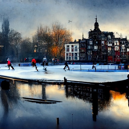frozen canal Amsterdamreflectionsskaters