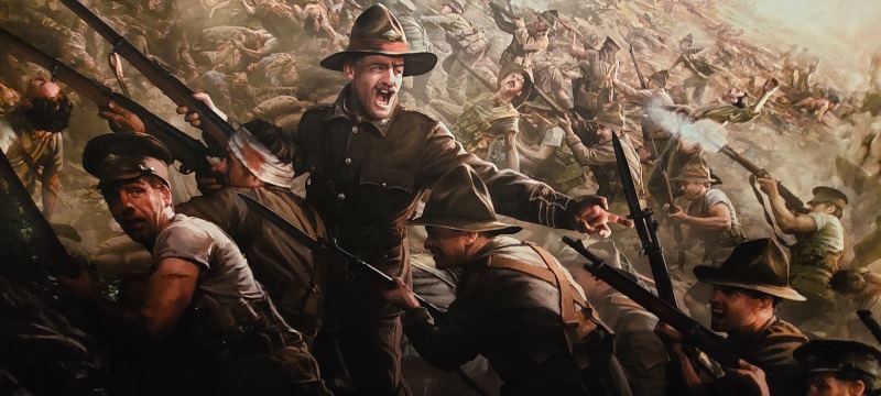Illustration from Te Papa in Wellington of a charge at Gallipoli,, armed men scrambling up a steep hill