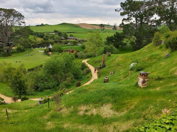 The rolling green hills of Hobbiton with winding path