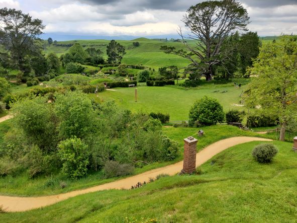 Hobbiton the party field - green lawn, paths, bushes