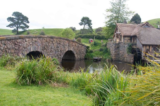 Hobbiton the bridge over the lake with the mill on the right