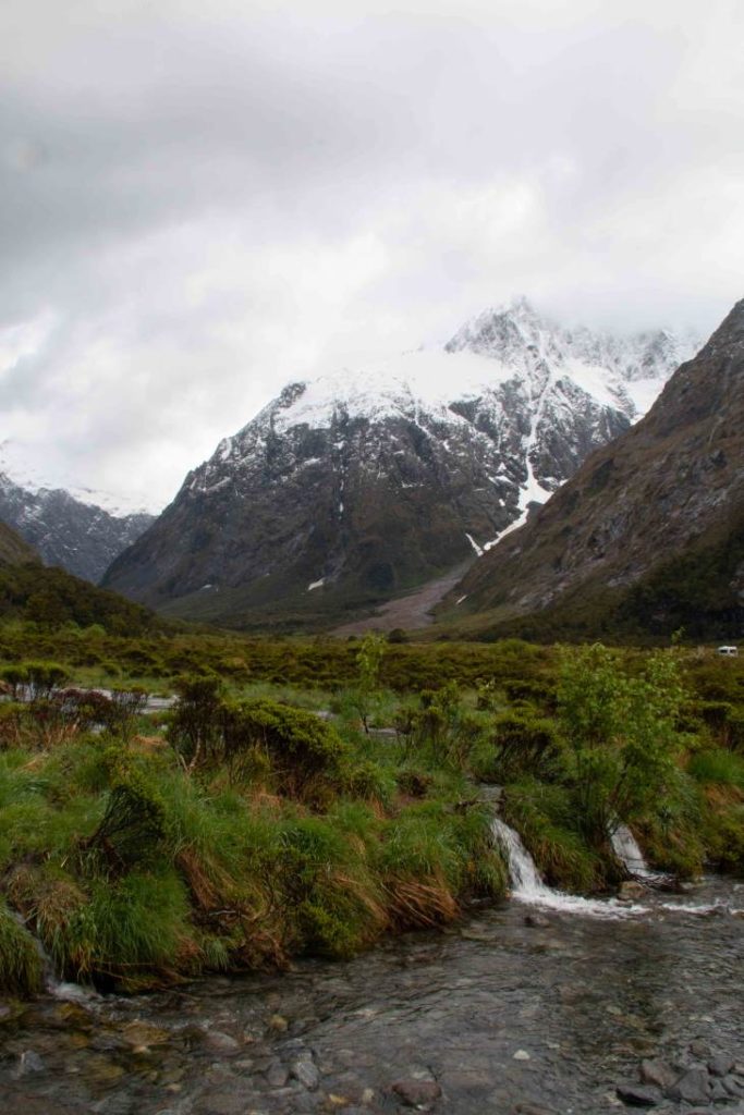 Monkey Creek with snow-covered mountains towering in the background