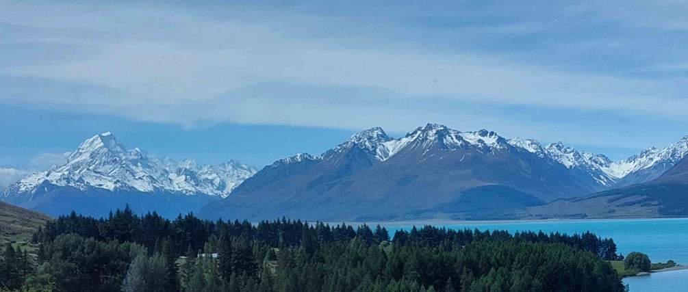 A view of snow covered Aoraki (Mt Cook) on the left, above Lake Pukaki