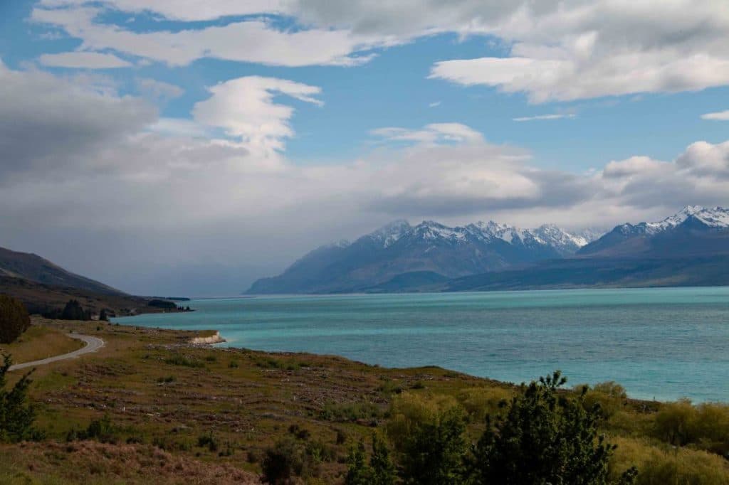 Mt Cook 5 The road ainds along the shores of Lake Pukaki with the mountains to the right