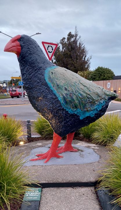 A statue of a takahe takes pride of place at the roundabout