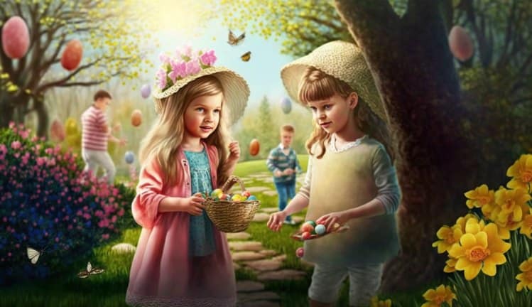 GretavdR happy children searching for Easter eggs in a sunny ga 11115380 c8b1 4740 b45b 0b6ec10104e7