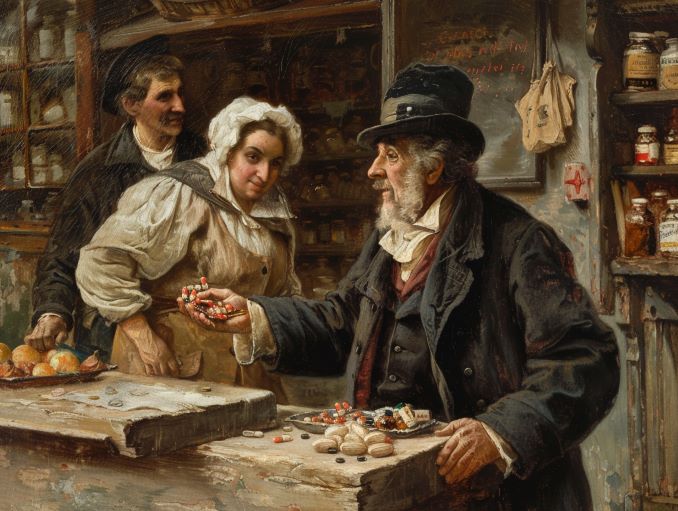 gretavdr a sly devious salesman selling medicines at an English