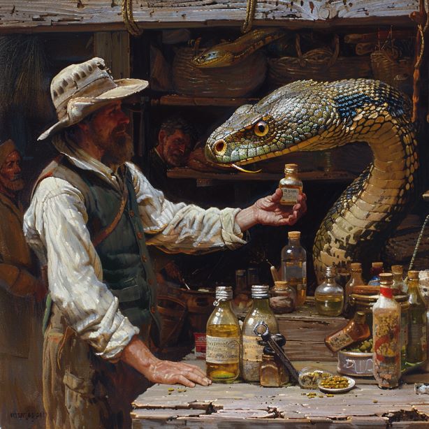 gretavdr a snake oil salseman at a country market