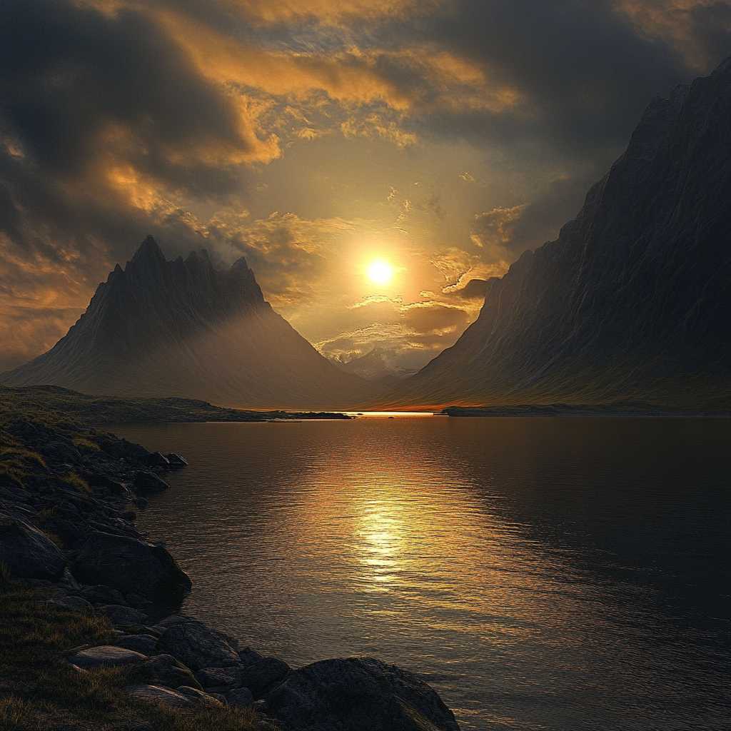 gretavdr land of the midnight sun late afternoon sun through mist between 2 mountains
