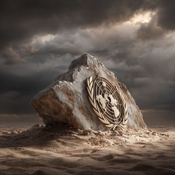 The United Nations symbol on a piece of decayed stone in the desert