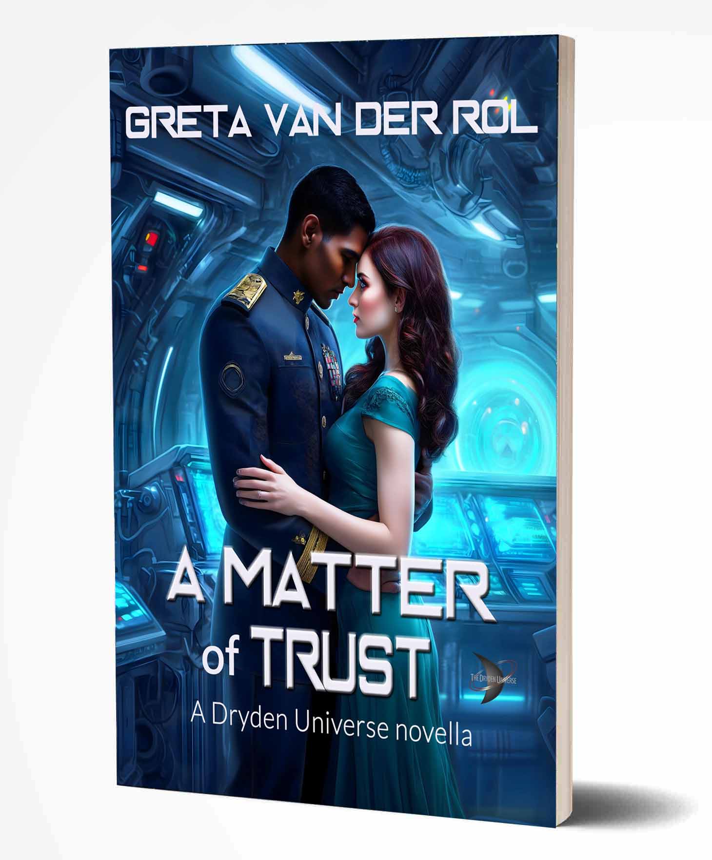 Paranormal book box set “Black Tiger / White Tiger” by Greta van der Rol, featuring glowing tiger eyes in dark tones Sci-fi romance cover of “A Matter of Trust” by Greta van der Rol, showing a couple embracing in a futuristic ship