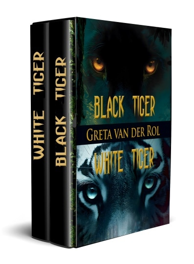 The cover of the paranormal box set “Black Tiger / White Tiger” by Greta van der Rol features intense close-ups of black and white tiger eyes glowing in the shadows. This striking design evokes mystery, strength, and primal energy, perfectly suited to the supernatural themes of the series. Paranormal book box set “Black Tiger / White Tiger” by Greta van der Rol, featuring glowing tiger eyes in dark tones
