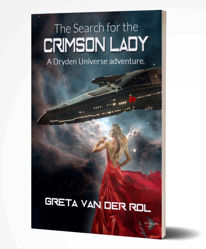 Sci-fi book cover of “The Search for the Crimson Lady” by Greta van der Rol, showing a woman in a red gown and a spaceship in space