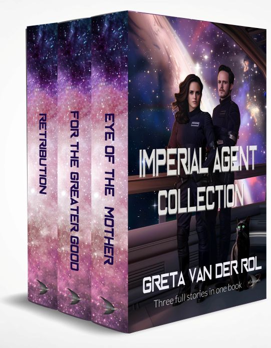 he cover of “Imperial Agent Collection” by Greta van der Rol, a science fiction adventure set in The Dryden Universe. It features two uniformed agents standing on a spaceship with a glowing galaxy outside and a sleek black cat at their side, evoking mystery, courage, and interstellar intrigue. Sci-fi book cover of “Imperial Agent Collection” by Greta van der Rol, showing two agents in space with a black cat
