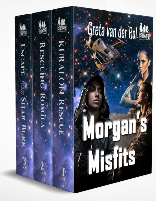 Sci-fi book box set “Morgan’s Misfits” by Greta van der Rol, featuring strong women and a spaceship in space