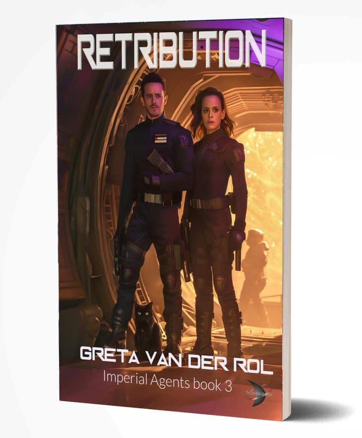 The book cover of Retribution by Greta van der Rol, the third novel in the Imperial Agents sci-fi series. It shows two determined agents in futuristic black uniforms standing in a spaceship doorway, with golden light and a black cat hinting at danger, loyalty, and adventure among the stars. Sci-fi book cover of “Retribution” by Greta van der Rol, featuring two armed agents in dark uniforms with a black cat