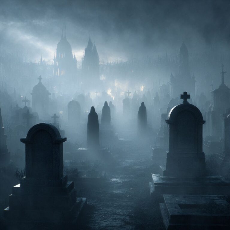A cemetery shrouded in mist. Headstones and strange figures can be seen in the gloom
