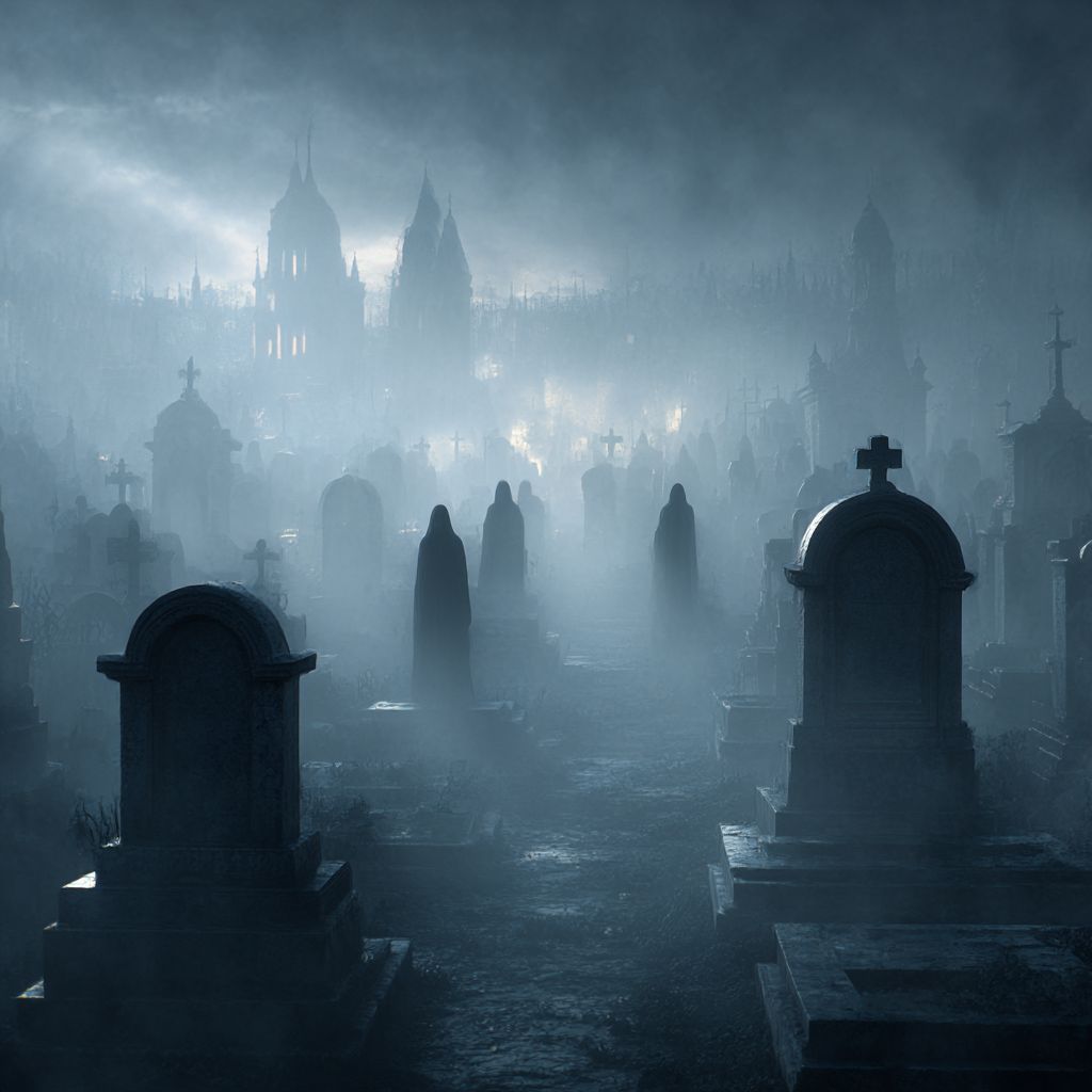 A cemetery shrouded in mist. Headstones and strange figures can be seen in the gloom