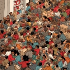 Cartoon of a Black Friday crowd inside a shop