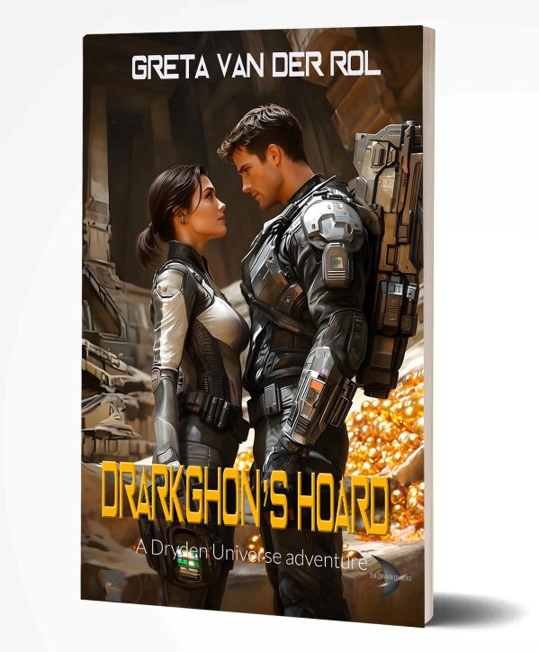 DH cover 3D Sci-fi book cover of “Drakhon’s Hoard” by Greta van der Rol, featuring two armored figures before a pile of gold
