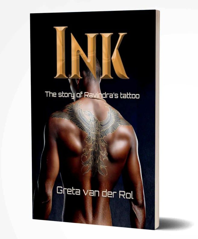 Book cover of “INK” by Greta van der Rol, showing a man’s back with a detailed bird tattoo