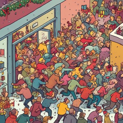 cartoon of people surging into a shop on Boxing Day
