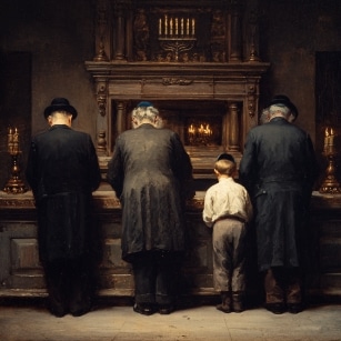 Jews in mourning Three men and a boy stand with their backs to the camera. A lit menora stands on a shelf