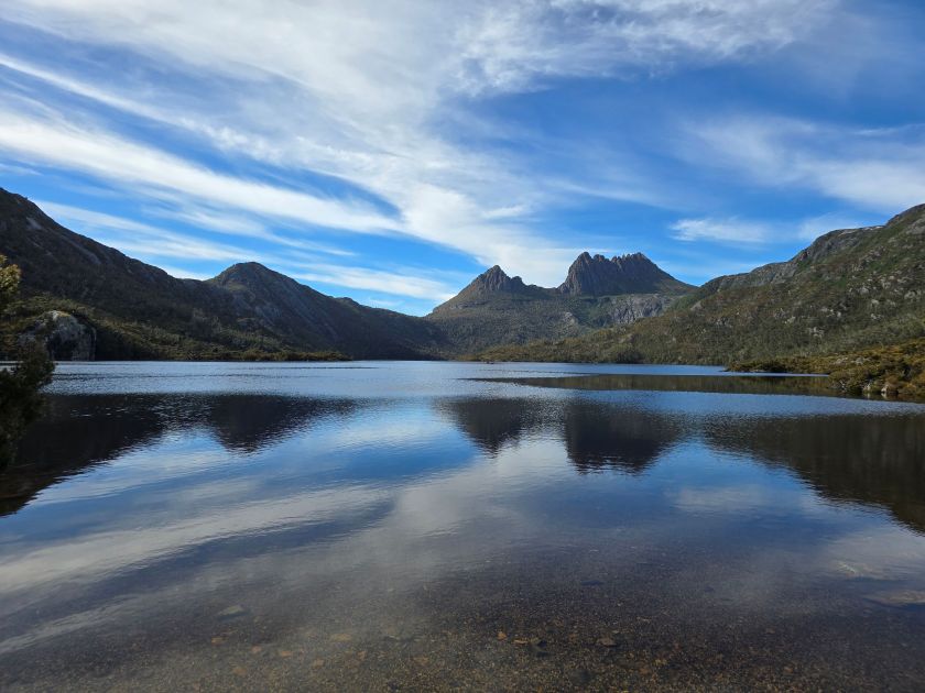 Cradle Mountain with Dove Lake reflecting the mountains, and the sky