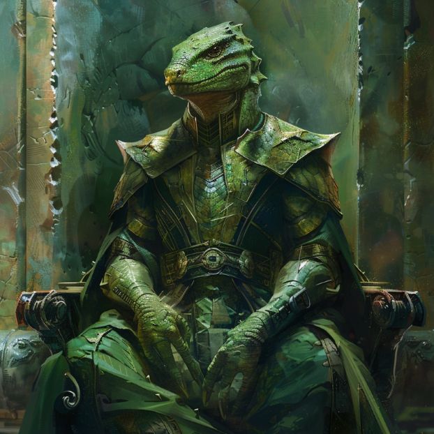 Yrmak matriarch seated on a throne. She is reptilian, wearing green robes