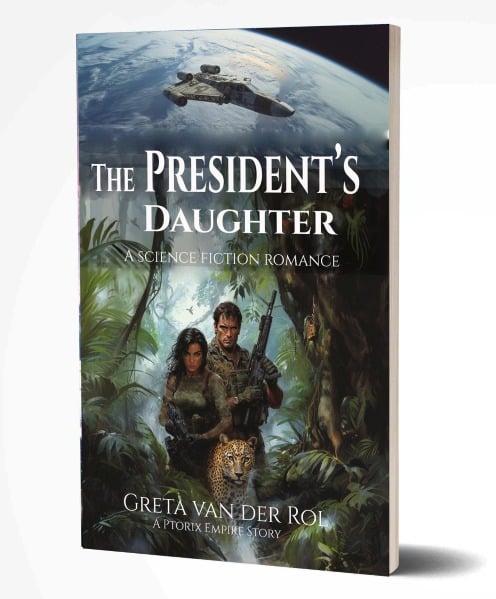 Sci-fi adventure cover of “The President’s Daughter” by Greta van der Rol, showing two armed figures and a leopard in a jungle