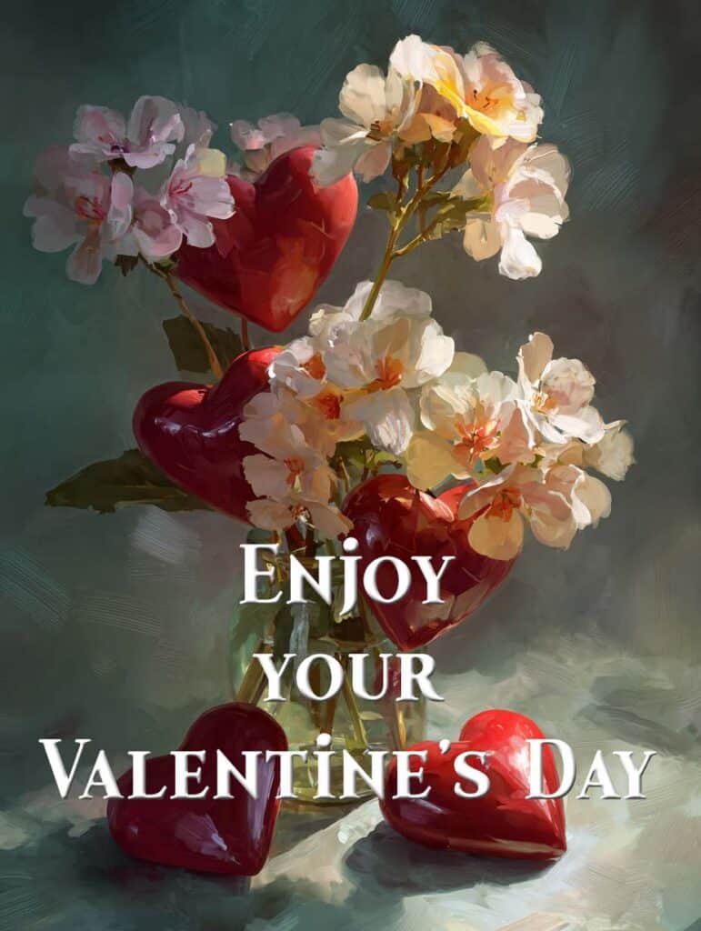 Valentines day. snow white flowers and red hearts in a vase. "Enjoy your Valentine's Day"