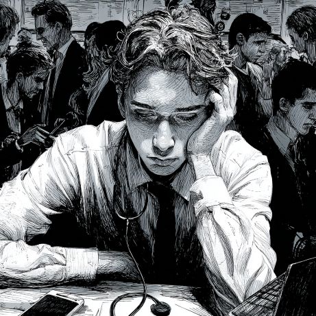 A young man with his head on his hand around him a crowd of people using mobile phones