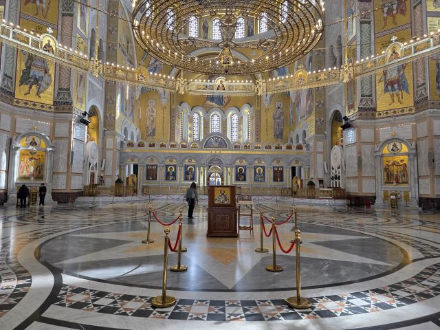Belgrade cathedral interior showing beautiful tiled floor, frescoes and icons