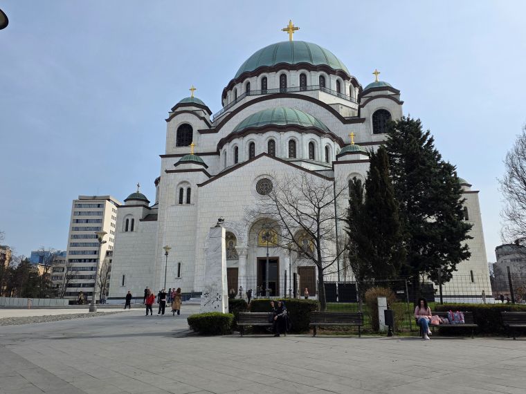 Belgrade cathedral- white marble with green domes. The temple of Saint Sava