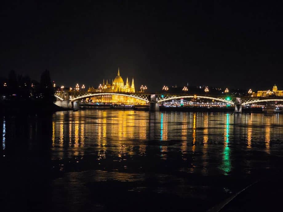 Budapest and bridges all lit up - a view from the ship