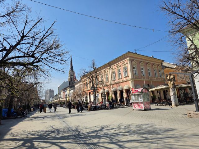 Novi Sad town centre a pedestrian makk with colourful buildings