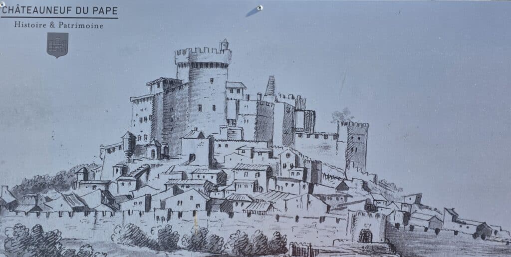 A drawing of what the papal palace looked like above Chateau Neuf du Pape before it was destroyed