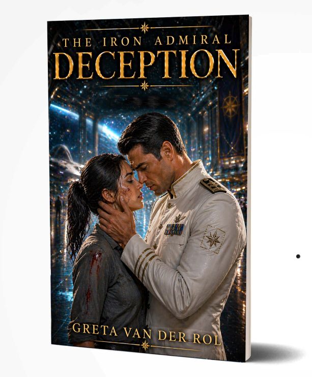 “The Iron Admiral: Deception” by Greta van der Rol Book cover for The Iron Admiral Deception by Greta van der Rol. Inside a vast futuristic hangar filled with lights and starships, a man in a white military uniform gently holds a woman’s face as they stand close together in a moment of tension and intimacy. The woman’s clothes are dark and marked with blood, suggesting recent danger. The background glows with blue and gold light reflecting off the floor and surrounding structures. The title appears in large gold letters above them.