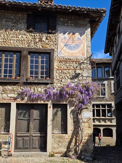Perouge house with a flowering purple wisteria
